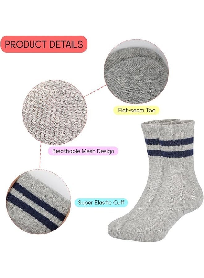 ChicAbode Kids Socks 9 Pairs, Sports Cushioned Crew Socks for Boys Girls, Black White Grey Striped Cotton School Athletic 7-10 Years - Image 5